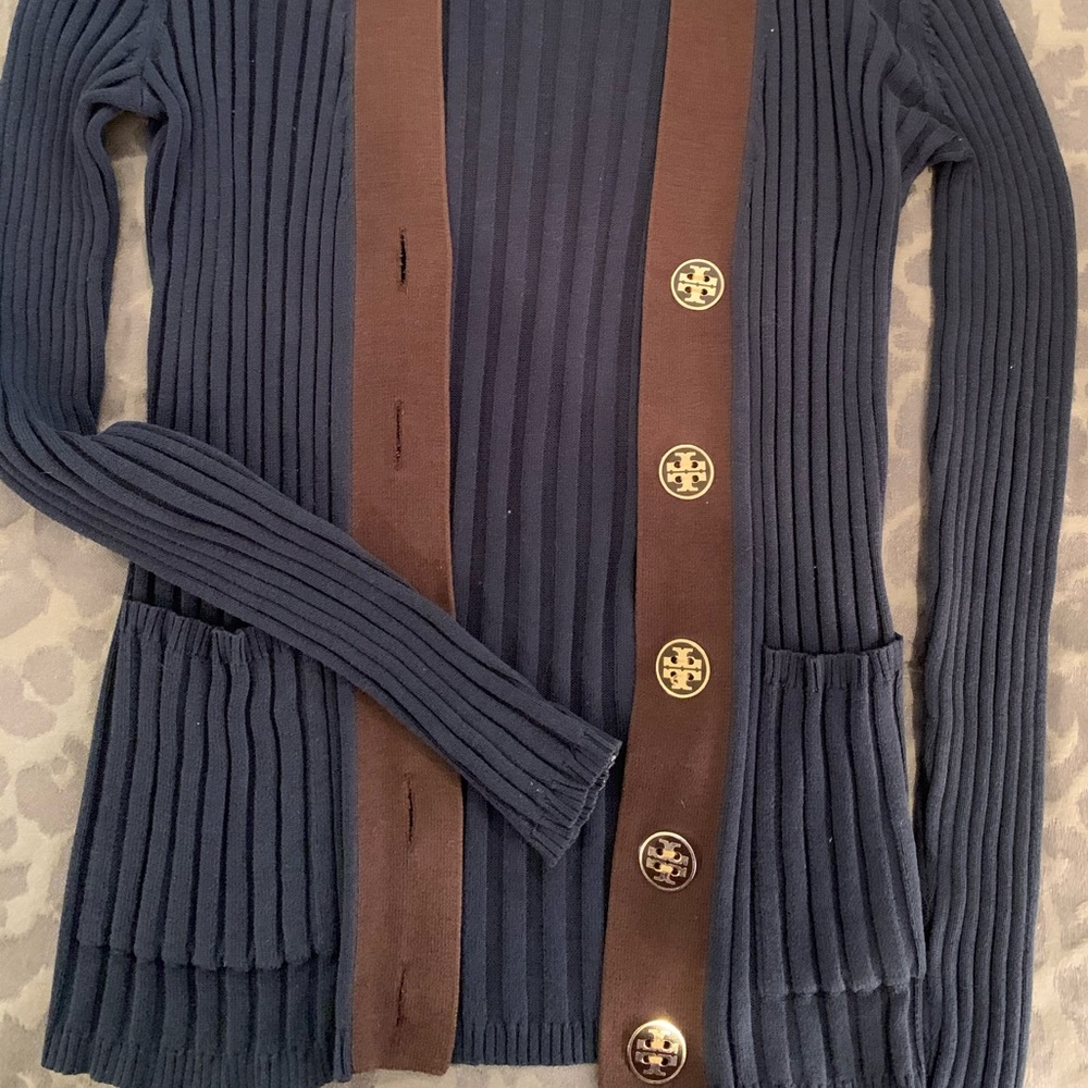 Tory Burch Navy and Brown Ribbed Cardigan